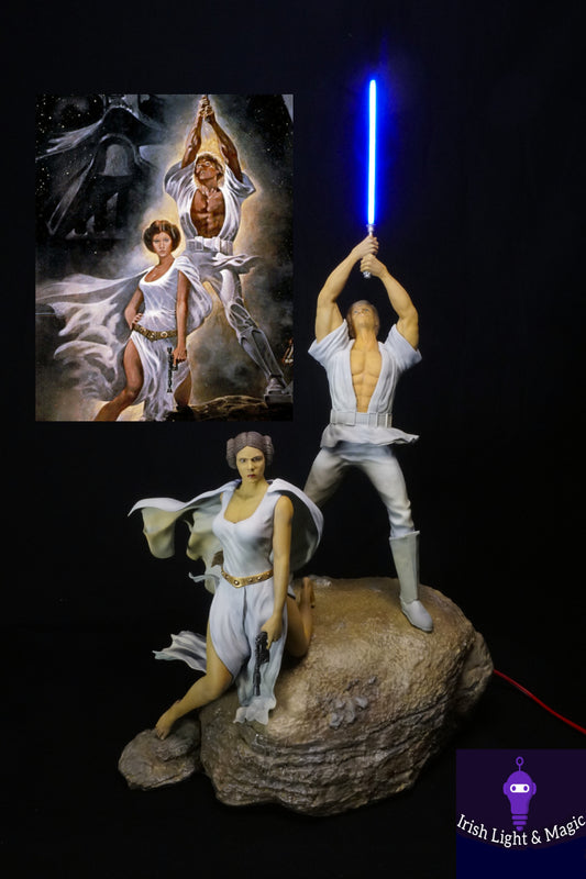 Luke and Leia Skywalker Statue with realistic Light Saber