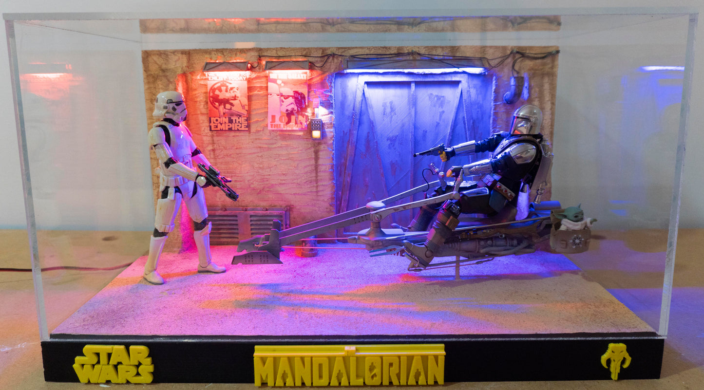 The Mandalorian Diorama on Speeder bike with Goru diorama with Display case