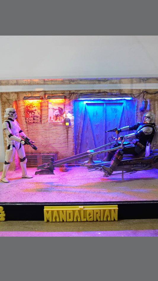 The Mandalorian Diorama on Speeder bike with Goru diorama with Display case